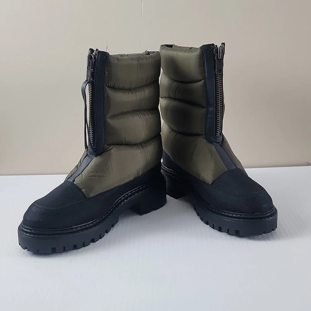 Enjoiya Green puffer zipper front winter rain boots Lug sole size 7